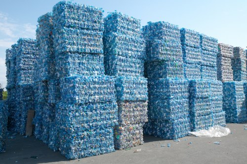 A large outdoor area features numerous tightly packed stacks of compressed plastic bottles, predominantly blue with some clear and transparent pieces, arranged in rectangular blocks. The bottles are piled high on a concrete surface, with a few loose bottles and pieces scattered at the base. In the background, a pale blue sky is visible, suggesting clear weather, and the scene appears to be part of a waste management or recycling facility. The image illustrates waste material ready for collection or recycling, which aligns with services offered by Business Waste Removal Crystal Palace for rubbish disposal and waste management in the local area. The environmental setting is utilitarian, with the focus on the organized stacks of plastic, emphasizing the importance of proper waste handling and recycling processes in the UK, especially in the Crystal Palace postcode area.